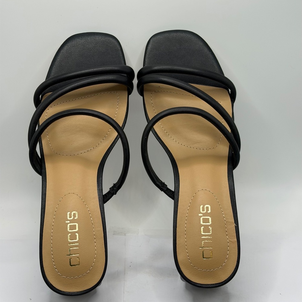 Chicos Marina Round Lucite Sandals Black Leather Triple Strap Block Heel 8.5 - Picture 8 of 10
